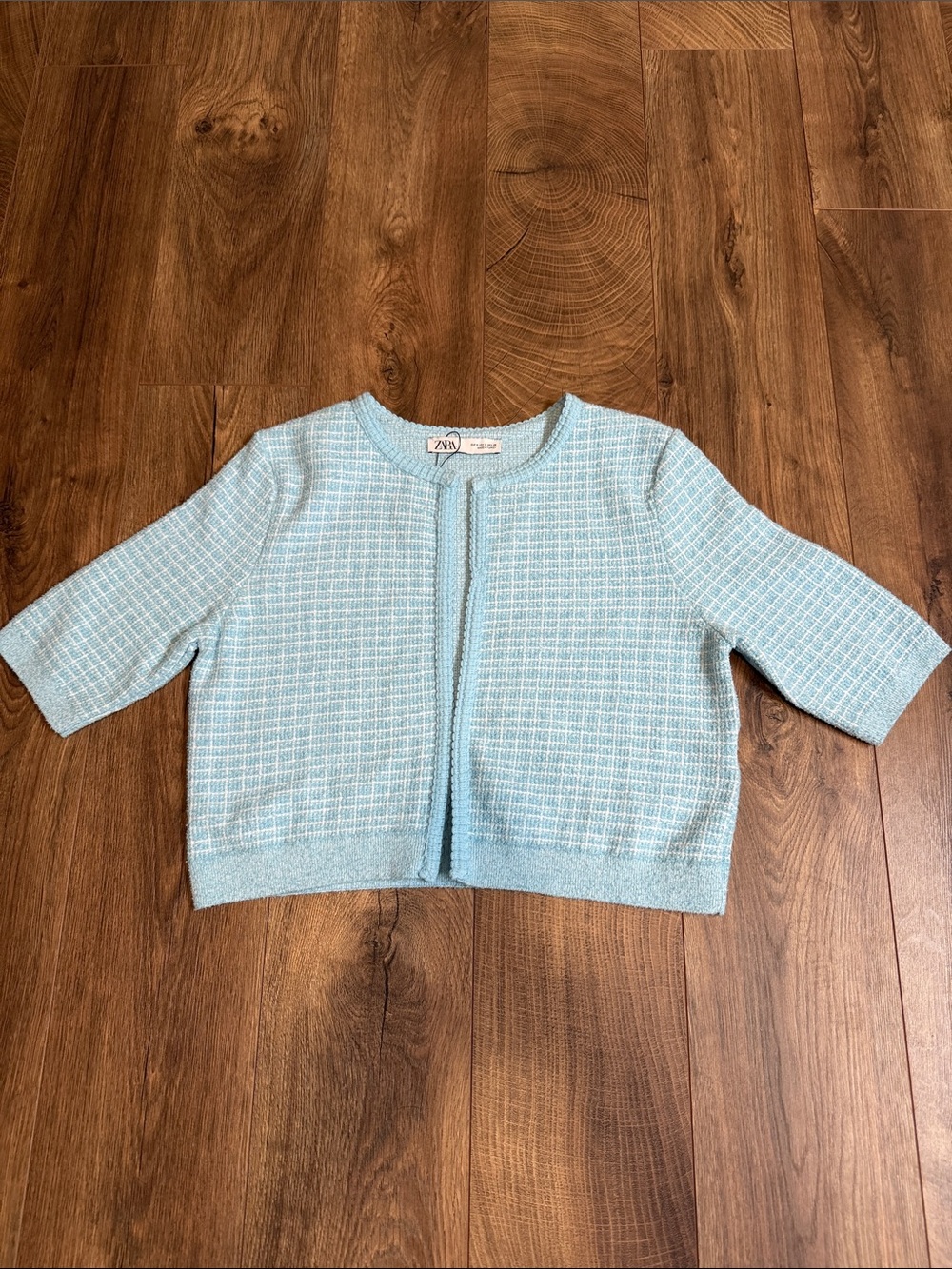 Zara Baby Blue Tweed Cropped Cardigan Size S